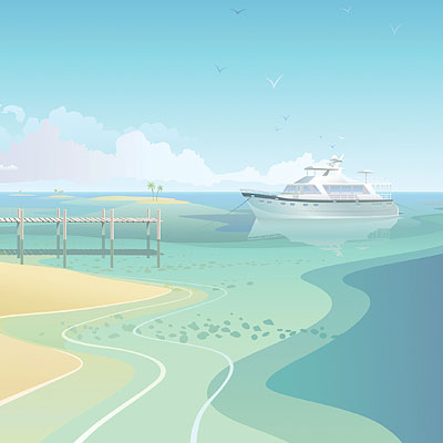 <b>Yacht in a bay</b><br>Exotic 60's style illustration with yacht and boardwalk<br>Adobe Illustrator