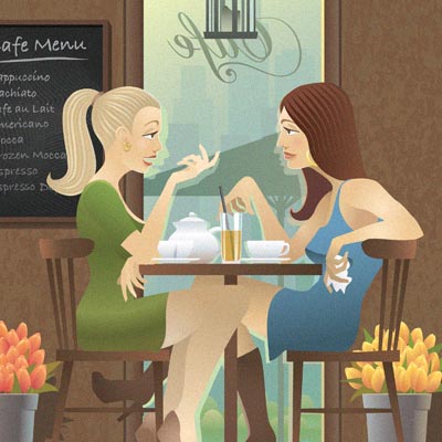 <b>Two girls at a café – drinking tea.</b><br>Two girls by talking and drinking tea at a café. Usually gossip ;-) <br>Adobe Illustrator