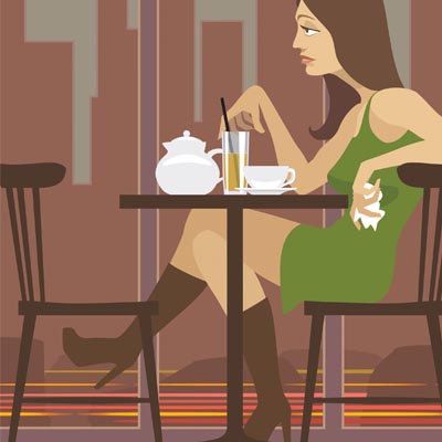 <b>Young lady waiting</b><br>Young lady waiting in the evening at a table with tea. City view<br>Adobe Illustrator