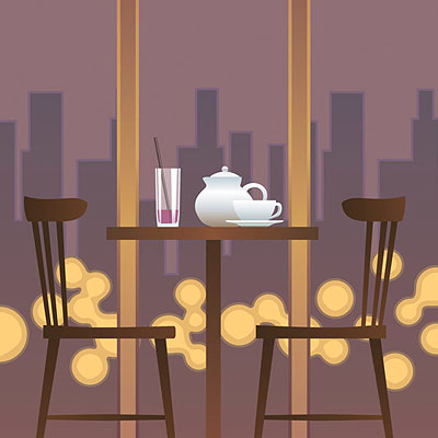 <b>Two empty chairs</b><br>Two waiting chairs by a tea table at night<br>Adobe Illustrator