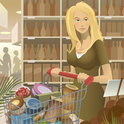 <b>Shopping Woman</b><br>Woman with a shopping cart in a mall <br>Adobe Illustrator