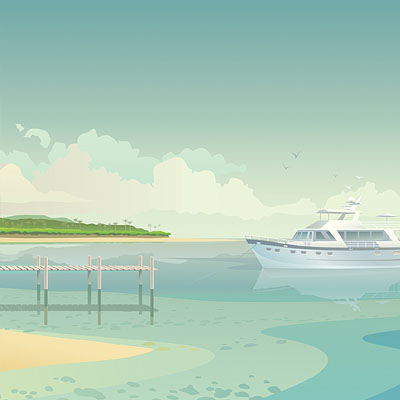 <b>Yacht on anchor in bay</b><br>Exotic 30's style poster illustration with a yacht and boardwalk, Adobe Illustrator