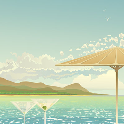 <b>Martini in the sun</b><br>Exotic 30's style poster illustration with a sun umbrella and two Martinis, Adobe Illustrator