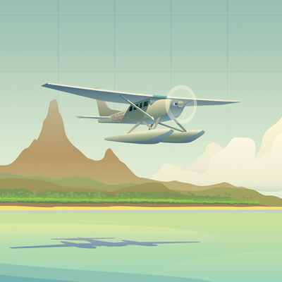 <b>Sea Plane over Lagoon</b><br>Exotic 30's style poster illustration with seaplane, Adobe Illustrator