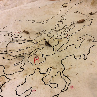 <b>Eldsjäl</b><br>The 'Eldsjäl' Map prop on set. A seriously researched viking map painted on calf leather<br>The 'Eldsjäl' movie Map prop painted on dear hide (WIP). Consultation were made with the Viking Museum in Östersund (http://www.jamtli.com) Jämtli.